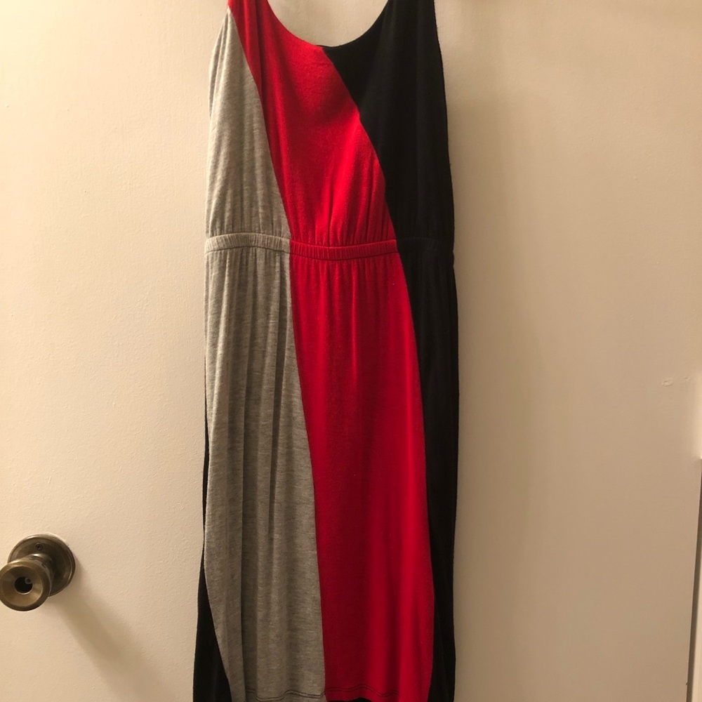 Delirious LA- black, red, gray striped dress.
